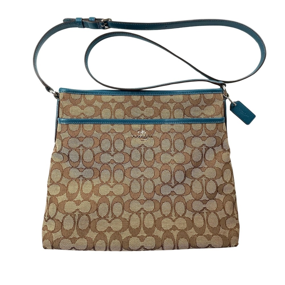 Coach Womens Y2K Crossbody Messenger File Bag Brown Signature Teal Leather Trim